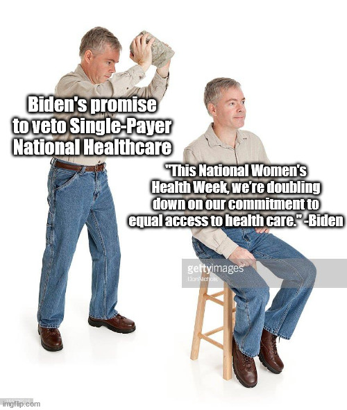 National Women's Health Week | Biden's promise to veto Single-Payer National Healthcare; "This National Women's Health Week, we’re doubling down on our commitment to equal access to health care." -Biden | image tagged in man sitting man hit by rock,joe biden,biden,democratic party | made w/ Imgflip meme maker
