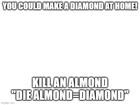 Blank White Template | YOU COULD MAKE A DIAMOND AT HOME! KILL AN ALMOND "DIE ALMOND=DIAMOND" | image tagged in blank white template | made w/ Imgflip meme maker