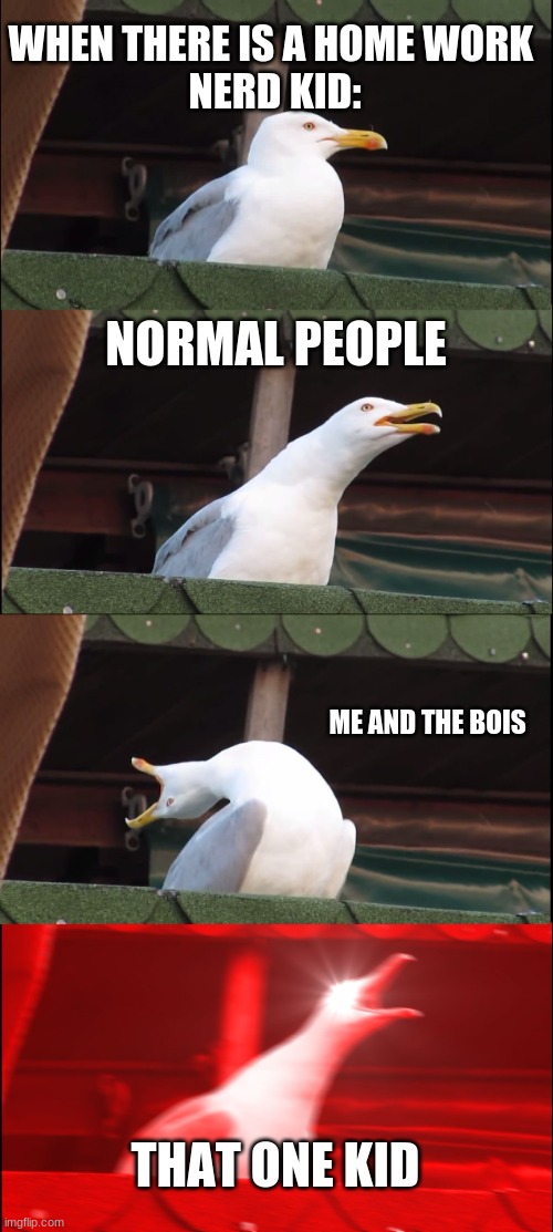 Inhaling Seagull | WHEN THERE IS A HOME WORK 
 NERD KID:; NORMAL PEOPLE; ME AND THE BOIS; THAT ONE KID | image tagged in memes,inhaling seagull | made w/ Imgflip meme maker