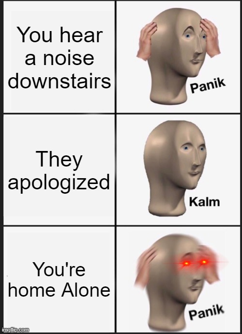 Panik Kalm Panik | You hear a noise downstairs; They apologized; You're home Alone | image tagged in memes,panik kalm panik | made w/ Imgflip meme maker