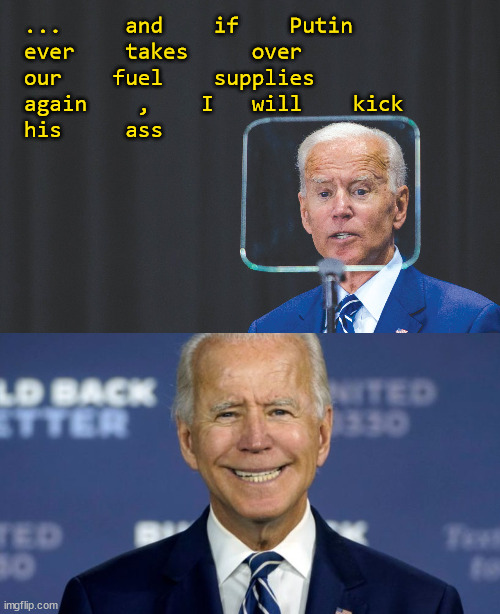 Biden will make the Russians pay, bigly | ...     and    if    Putin     
ever    takes     over     
our    fuel    supplies    
again    ,    I   will    kick    
his     ass | image tagged in colonial pipeline,biden,politics | made w/ Imgflip meme maker