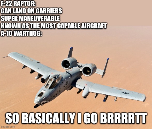 F-22 RAPTOR:
CAN LAND ON CARRIERS
SUPER MANEUVERABLE
KNOWN AS THE MOST CAPABLE AIRCRAFT
A-1O WARTHOG:; SO BASICALLY I GO BRRRRTT | made w/ Imgflip meme maker