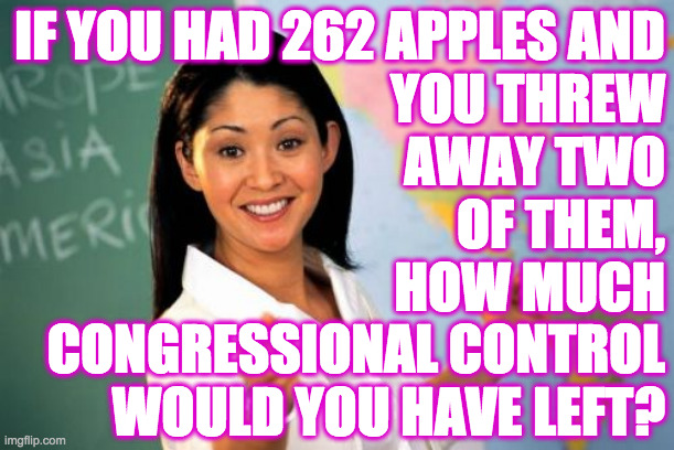 I always loved math story problems  ( : | IF YOU HAD 262 APPLES AND
YOU THREW
AWAY TWO
OF THEM,
HOW MUCH
CONGRESSIONAL CONTROL
WOULD YOU HAVE LEFT? | image tagged in memes,unhelpful high school teacher,gop,liz cheney,mitt romney,strategy | made w/ Imgflip meme maker