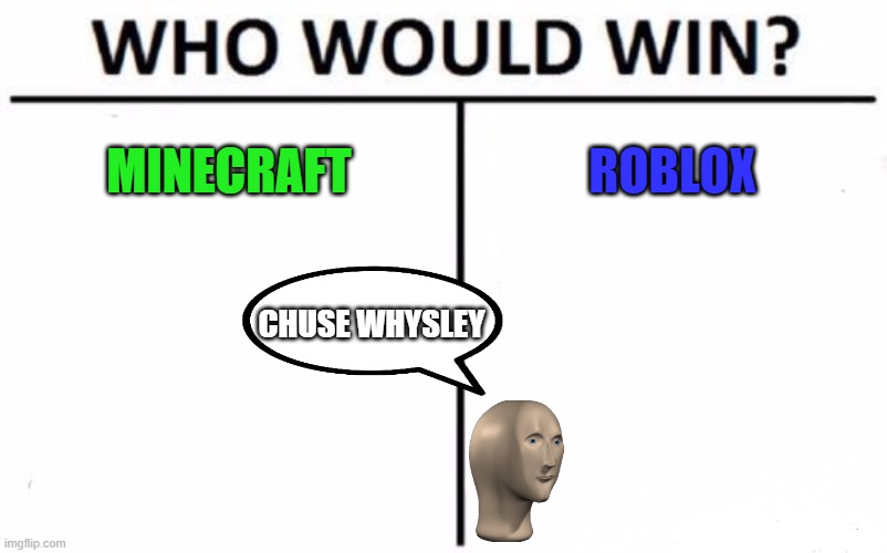 Choose your favorite! | MINECRAFT; ROBLOX; CHUSE WHYSLEY | image tagged in memes,who would win | made w/ Imgflip meme maker