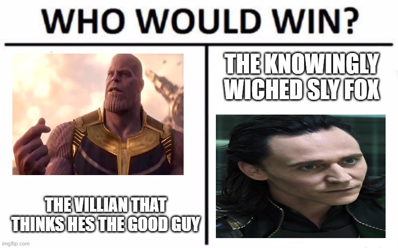 loki vs thanos | THE KNOWINGLY WICHED SLY FOX; THE VILLIAN THAT THINKS HES THE GOOD GUY | image tagged in memes,who would win | made w/ Imgflip meme maker