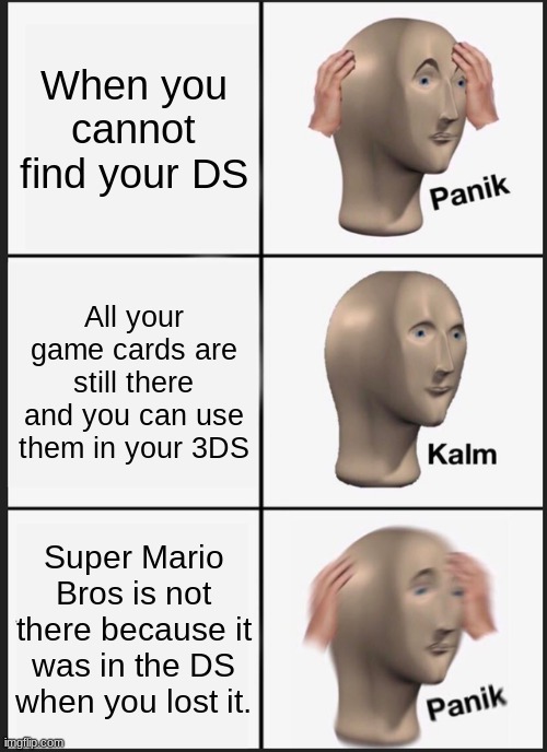 This actually happened :( |  When you cannot find your DS; All your game cards are still there and you can use them in your 3DS; Super Mario Bros is not there because it was in the DS when you lost it. | image tagged in memes,panik kalm panik | made w/ Imgflip meme maker