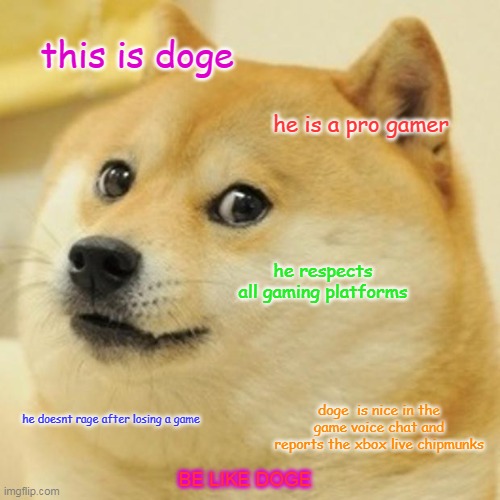 Be like doge | this is doge; he is a pro gamer; he respects all gaming platforms; doge  is nice in the game voice chat and reports the xbox live chipmunks; he doesnt rage after losing a game; BE LIKE DOGE | image tagged in memes,doge,gaming memes,lol,haha | made w/ Imgflip meme maker