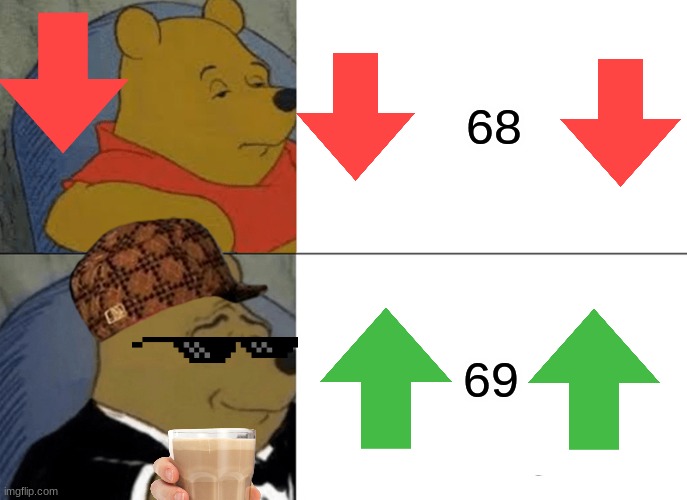 OH SHEEEESHHHH | 68; 69 | image tagged in memes,tuxedo winnie the pooh | made w/ Imgflip meme maker
