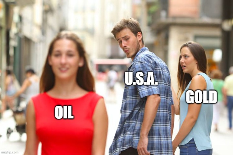 Distracted Boyfriend Meme | U.S.A. GOLD; OIL | image tagged in memes,distracted boyfriend | made w/ Imgflip meme maker