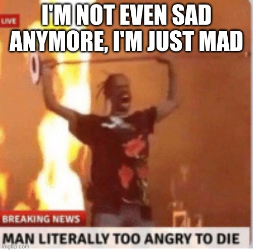 man literally too angery to die | I'M NOT EVEN SAD ANYMORE, I'M JUST MAD | image tagged in man literally too angery to die | made w/ Imgflip meme maker