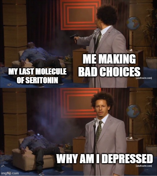 meinanutshell | ME MAKING BAD CHOICES; MY LAST MOLECULE OF SERITONIN; WHY AM I DEPRESSED | image tagged in memes,who killed hannibal | made w/ Imgflip meme maker