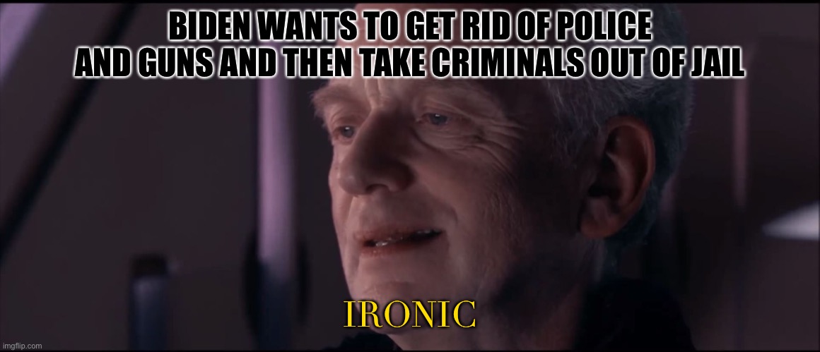 Palpatine Ironic  | BIDEN WANTS TO GET RID OF POLICE AND GUNS AND THEN TAKE CRIMINALS OUT OF JAIL; IRONIC | image tagged in palpatine ironic | made w/ Imgflip meme maker