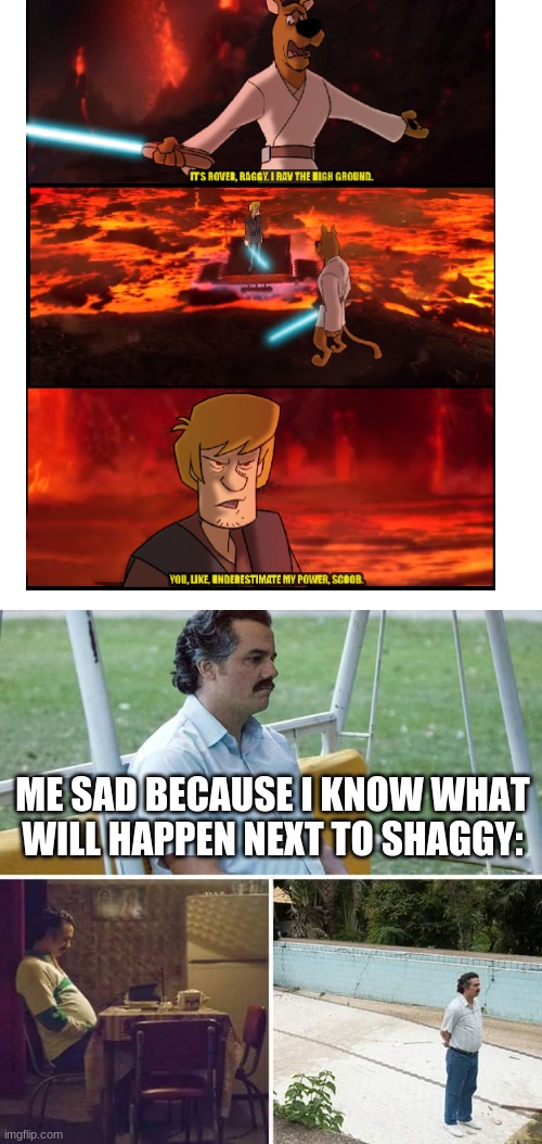Poor shaggy | ME SAD BECAUSE I KNOW WHAT WILL HAPPEN NEXT TO SHAGGY: | image tagged in blank white template,memes,sad pablo escobar,funny | made w/ Imgflip meme maker