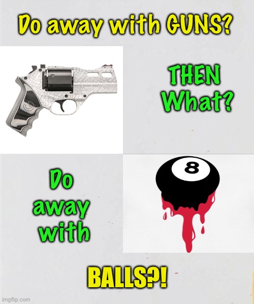 What Next? | Do away with GUNS? THEN 
What? Do 
away 
with; BALLS?! | image tagged in gun control,people control,2nd amendment,dems hate america,constitutional rights,dictators and authoritarians | made w/ Imgflip meme maker