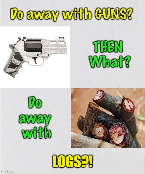 What Next? | Do away with GUNS? THEN 
What? Do 
away 
with; LOGS?! | image tagged in gun control,citizen control,2nd amendment,biden hates america,authoritarianism,self defense | made w/ Imgflip meme maker