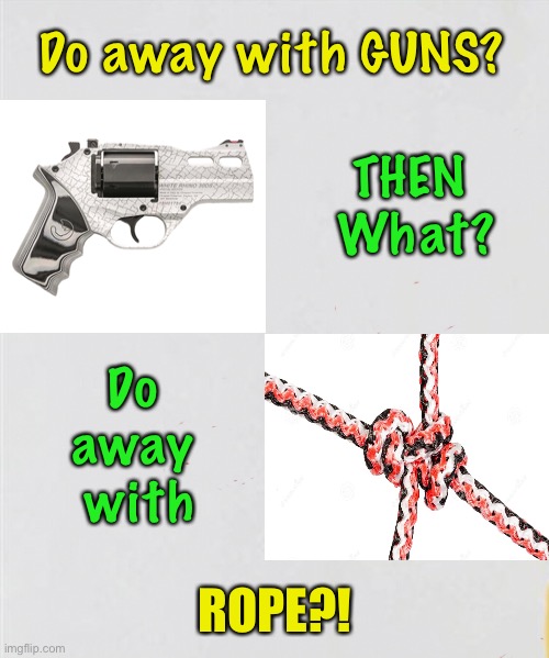 What Next? | Do away with GUNS? THEN 
What? Do 
away 
with; ROPE?! | image tagged in 2nd amendment,people control,authoritarianism,dems hate america,biden is a cruel joke,gun control | made w/ Imgflip meme maker