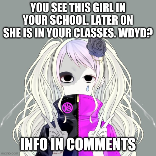 rp? | YOU SEE THIS GIRL IN YOUR SCHOOL. LATER ON SHE IS IN YOUR CLASSES. WDYD? INFO IN COMMENTS | image tagged in rp,oc,oh wow are you actually reading these tags | made w/ Imgflip meme maker