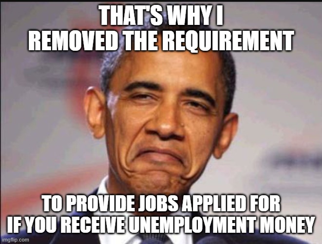 Obama smug | THAT'S WHY I REMOVED THE REQUIREMENT TO PROVIDE JOBS APPLIED FOR IF YOU RECEIVE UNEMPLOYMENT MONEY | image tagged in obama smug | made w/ Imgflip meme maker
