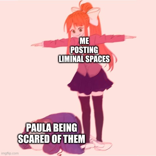 hehe | ME POSTING LIMINAL SPACES; PAULA BEING SCARED OF THEM | image tagged in memes,monika t-posing on sans | made w/ Imgflip meme maker