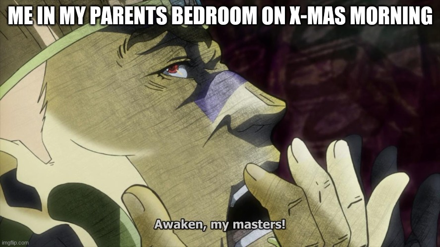 Awaken, my masters! | ME IN MY PARENTS BEDROOM ON X-MAS MORNING | image tagged in awaken my masters | made w/ Imgflip meme maker