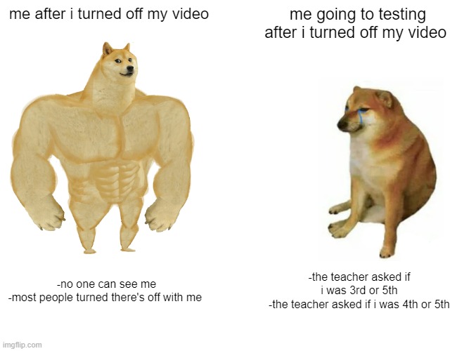 .....(i am small) | me after i turned off my video; me going to testing after i turned off my video; -no one can see me
-most people turned there's off with me; -the teacher asked if i was 3rd or 5th
-the teacher asked if i was 4th or 5th | image tagged in memes,buff doge vs cheems | made w/ Imgflip meme maker
