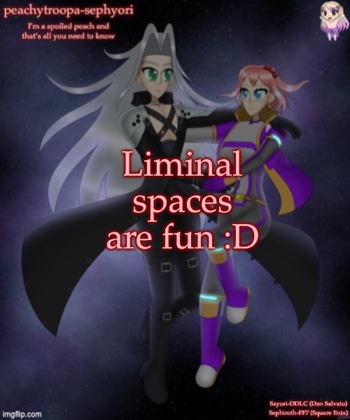 Liminal spaces are fun :D | image tagged in sayori and sephiroth | made w/ Imgflip meme maker