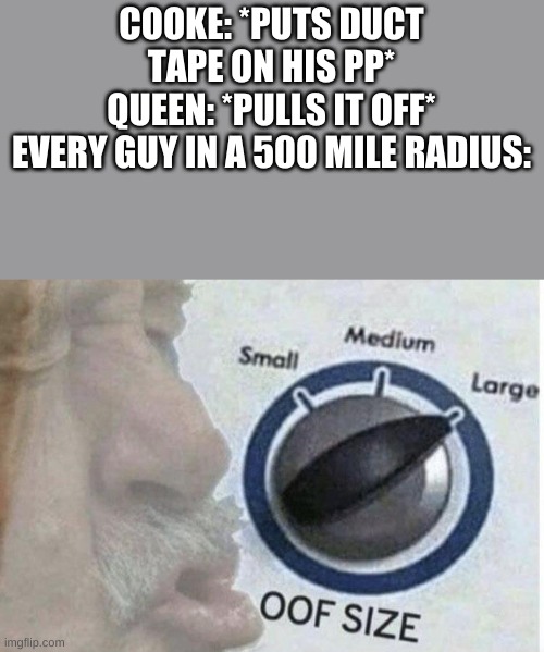 He should've just worn an extra layer of pants like i told him to smh... *puts on 3 layers of pants* | COOKE: *PUTS DUCT TAPE ON HIS PP*
QUEEN: *PULLS IT OFF*
EVERY GUY IN A 500 MILE RADIUS: | image tagged in oof size large | made w/ Imgflip meme maker