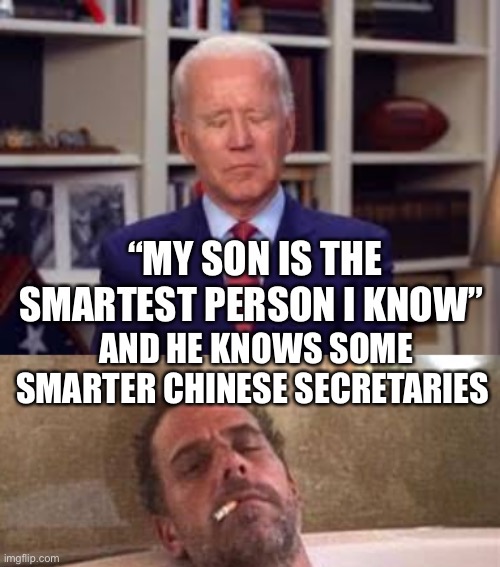 Sooooo smart | AND HE KNOWS SOME SMARTER CHINESE SECRETARIES | image tagged in biden smart,biden,hunter,dumb and dumber | made w/ Imgflip meme maker