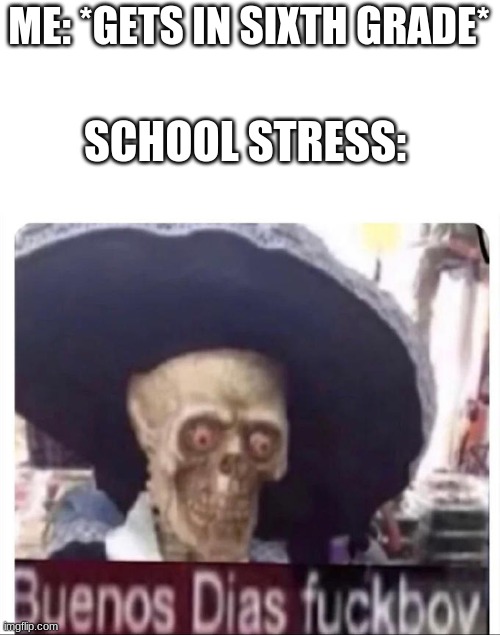 BUENOS DIAS FUCKBOI | ME: *GETS IN SIXTH GRADE*; SCHOOL STRESS: | image tagged in buenos dias skeleton,school | made w/ Imgflip meme maker