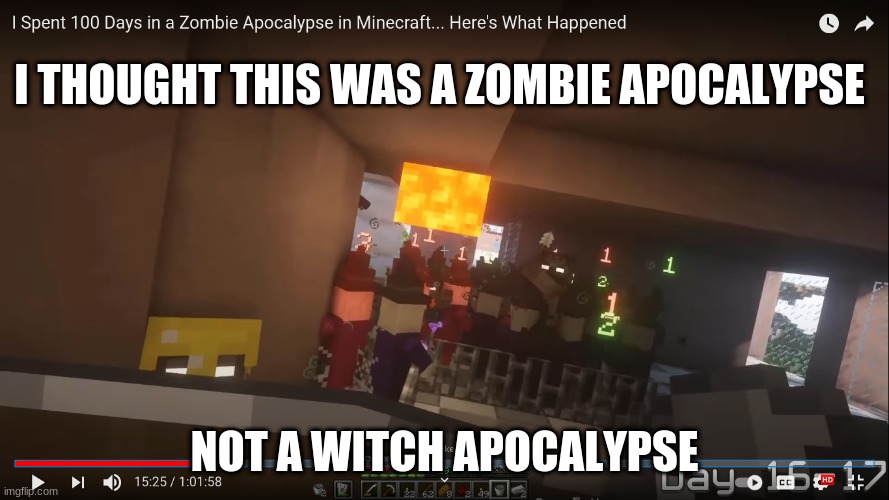 I THOUGHT THIS WAS A ZOMBIE APOCALYPSE; NOT A WITCH APOCALYPSE | image tagged in minecraft,mudflaps | made w/ Imgflip meme maker