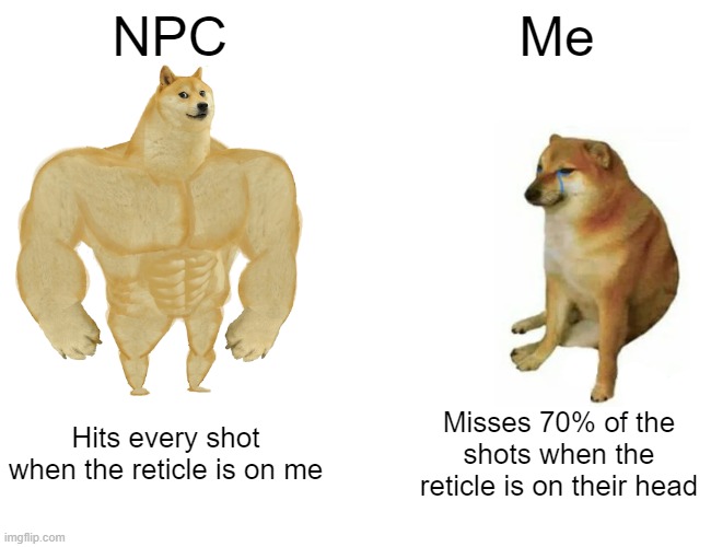 I hate this | NPC; Me; Hits every shot when the reticle is on me; Misses 70% of the shots when the reticle is on their head | image tagged in memes,buff doge vs cheems | made w/ Imgflip meme maker