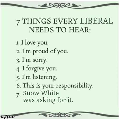 7 things every x needs to hear | LIBERAL Snow White was asking for it. | image tagged in 7 things every x needs to hear | made w/ Imgflip meme maker