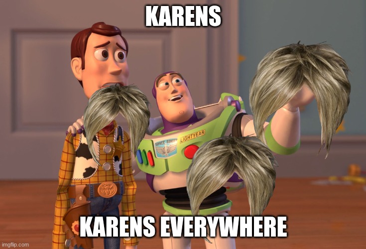 Karens, Karens everywhere | KARENS; KARENS EVERYWHERE | image tagged in memes,x x everywhere | made w/ Imgflip meme maker