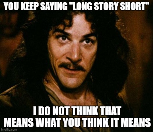 Inigo Montoya |  YOU KEEP SAYING "LONG STORY SHORT"; I DO NOT THINK THAT MEANS WHAT YOU THINK IT MEANS | image tagged in memes,inigo montoya,AdviceAnimals | made w/ Imgflip meme maker
