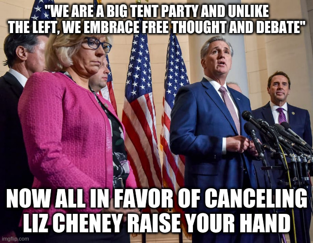 The Real Cancel Culture | "WE ARE A BIG TENT PARTY AND UNLIKE THE LEFT, WE EMBRACE FREE THOUGHT AND DEBATE"; NOW ALL IN FAVOR OF CANCELING LIZ CHENEY RAISE YOUR HAND | image tagged in republicans,kevin mccarthy,liz cheney,cancel culture,the big lie,trumpism | made w/ Imgflip meme maker