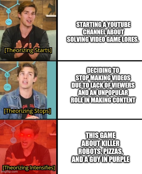 A random day at theory headquarters | STARTING A YOUTUBE CHANNEL ABOUT SOLVING VIDEO GAME LORES. DECIDING TO STOP MAKING VIDEOS DUE TO LACK OF VIEWERS AND AN UNPOPULAR ROLE IN MAKING CONTENT; THIS GAME ABOUT KILLER ROBOTS, PIZZAS, AND A GUY IN PURPLE | image tagged in matpat theorizes | made w/ Imgflip meme maker