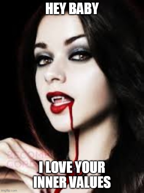 beautiful Vampire | HEY BABY; I LOVE YOUR INNER VALUES | image tagged in beautiful vampire | made w/ Imgflip meme maker