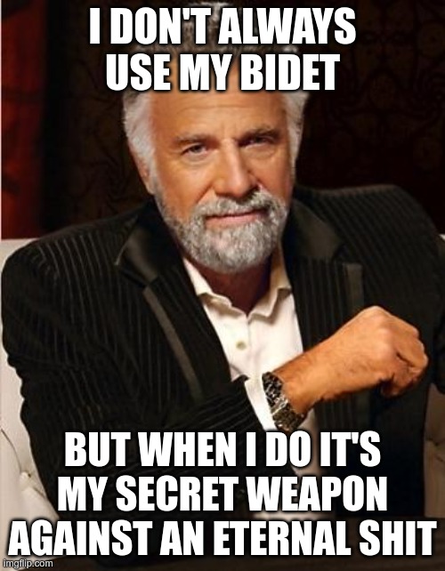 i don't always | I DON'T ALWAYS USE MY BIDET; BUT WHEN I DO IT'S MY SECRET WEAPON AGAINST AN ETERNAL SHIT | image tagged in i don't always,memes | made w/ Imgflip meme maker