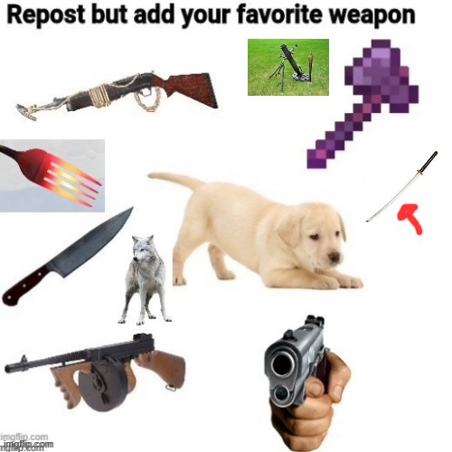 repost but add your favorite weapon | image tagged in reposts,favorites | made w/ Imgflip meme maker