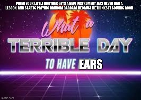 relatable meme | WHEN YOUR LITTLE BROTHER GETS A NEW INSTRUMENT, HAS NEVER HAD A LESSON, AND STARTS PLAYING RANDOM GARBAGE BECAUSE HE THINKS IT SOUNDS GOOD; EARS | image tagged in what a terrible day to have eyes,relatable | made w/ Imgflip meme maker