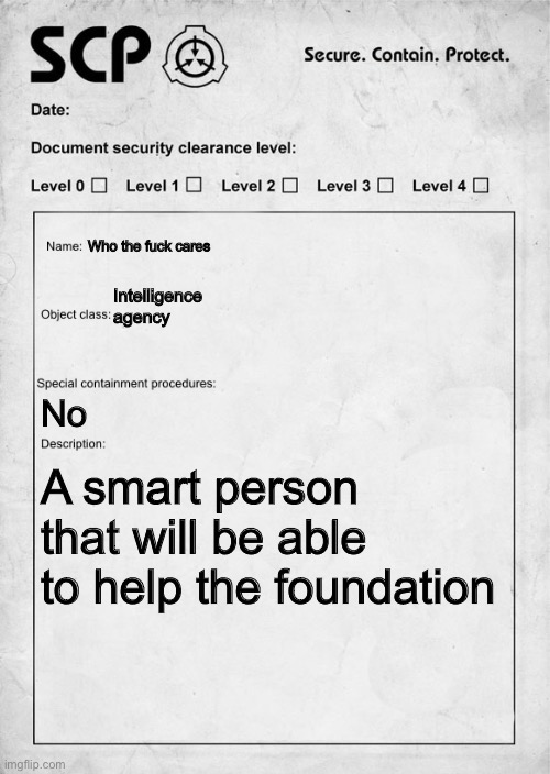 SCP document | Who the fuck cares Intelligence agency No A smart person that will be able to help the foundation | image tagged in scp document | made w/ Imgflip meme maker
