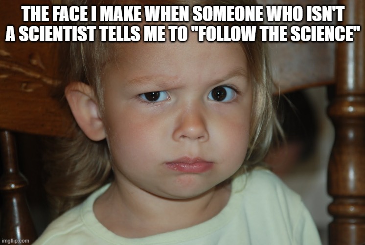 Really, Einstein? | THE FACE I MAKE WHEN SOMEONE WHO ISN'T A SCIENTIST TELLS ME TO "FOLLOW THE SCIENCE" | image tagged in climate change,politics,politicians,gender identity,joe biden,kamala harris | made w/ Imgflip meme maker