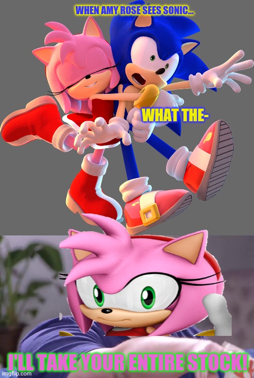 Amy x Sonic | WHEN AMY ROSE SEES SONIC... WHAT THE-; I'LL TAKE YOUR ENTIRE STOCK! | image tagged in i'll take your entire stock,sonic the hedgehog,amy,rose,free hugs | made w/ Imgflip meme maker