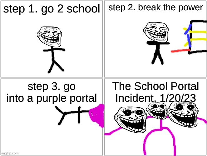Blank Comic Panel 2x2 | step 1. go 2 school; step 2. break the power; step 3. go into a purple portal; The School Portal Incident, 1/20/23 | image tagged in memes,blank comic panel 2x2 | made w/ Imgflip meme maker