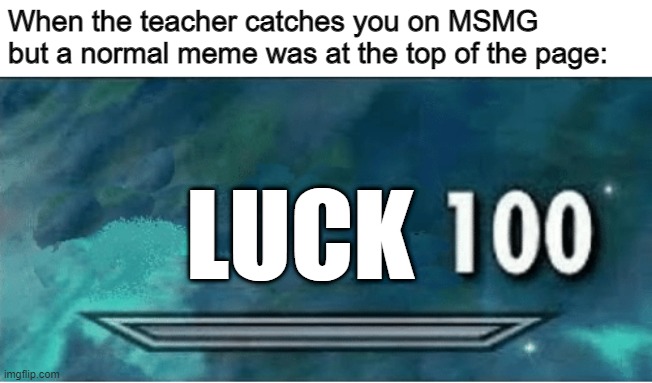That could have been so much worse considering this stream's nature | When the teacher catches you on MSMG but a normal meme was at the top of the page:; LUCK | image tagged in skyrim 100 blank | made w/ Imgflip meme maker
