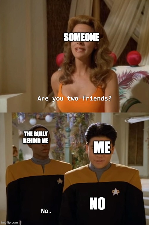 Are you two friends? | SOMEONE; THE BULLY BEHIND ME; ME; NO | image tagged in are you two friends | made w/ Imgflip meme maker