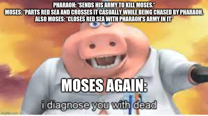 Moses Memes 202 | PHARAOH: *SENDS HIS ARMY TO KILL MOSES.*
MOSES: *PARTS RED SEA AND CROSSES IT CASUALLY WHILE BEING CHASED BY PHARAOH.
ALSO MOSES: *CLOSES RED SEA WITH PHARAOH'S ARMY IN IT*; MOSES AGAIN: | image tagged in hmmm | made w/ Imgflip meme maker