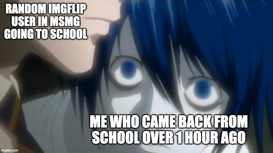 l looking at kira | RANDOM IMGFLIP USER IN MSMG GOING TO SCHOOL; ME WHO CAME BACK FROM SCHOOL OVER 1 HOUR AGO | image tagged in l looking at kira | made w/ Imgflip meme maker