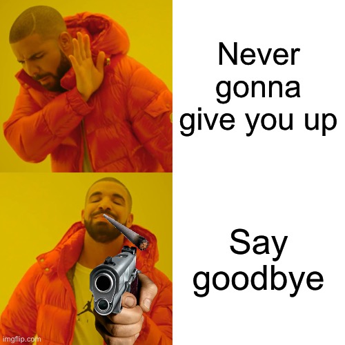 Never Gonna give u up drake | Never gonna give you up; Say goodbye | image tagged in memes,drake hotline bling | made w/ Imgflip meme maker