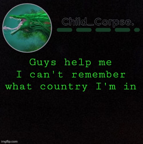 What country am I in | Guys help me I can't remember what country I'm in | image tagged in child_corpse's biollante template | made w/ Imgflip meme maker
